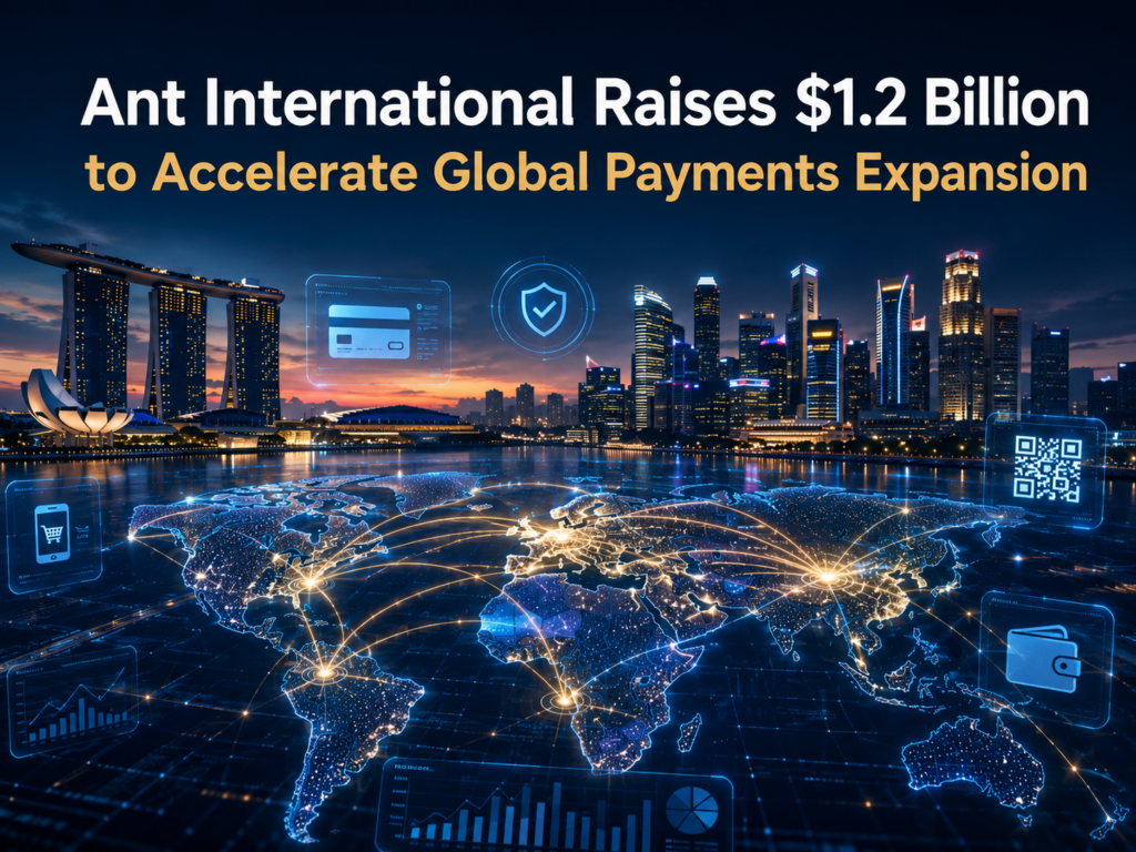 Futuristic global digital payments network connecting Asia, Europe, the Middle East, and Africa with glowing transaction lines, Singapore skyline at dusk, fintech interface elements, and the headline "Ant International Raises $1.2 Billion to Accelerate Global Payments Expansion."
