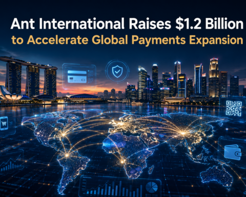 Futuristic global digital payments network connecting Asia, Europe, the Middle East, and Africa with glowing transaction lines, Singapore skyline at dusk, fintech interface elements, and the headline "Ant International Raises $1.2 Billion to Accelerate Global Payments Expansion."