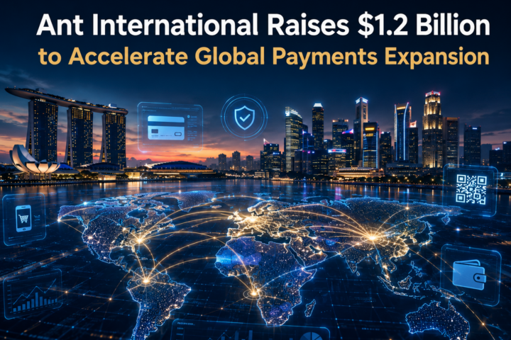 Futuristic global digital payments network connecting Asia, Europe, the Middle East, and Africa with glowing transaction lines, Singapore skyline at dusk, fintech interface elements, and the headline "Ant International Raises $1.2 Billion to Accelerate Global Payments Expansion."