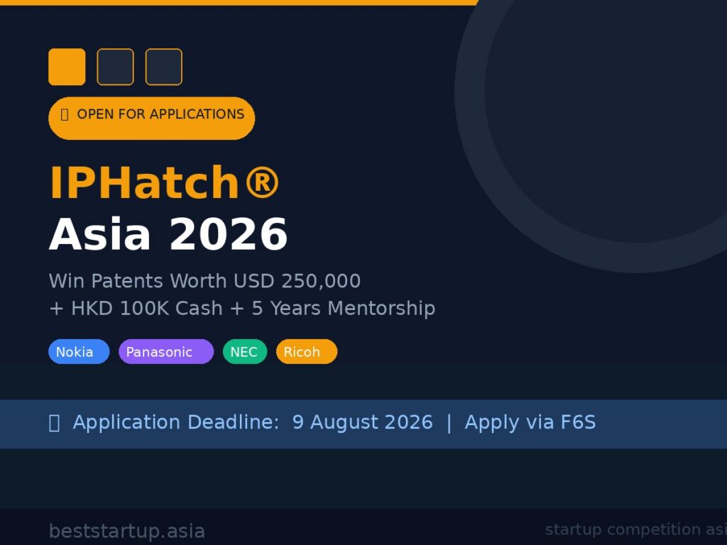 IPHatch Asia 2026 startup competition — win patents worth USD 250,000 from Nokia Panasonic NEC Ricoh